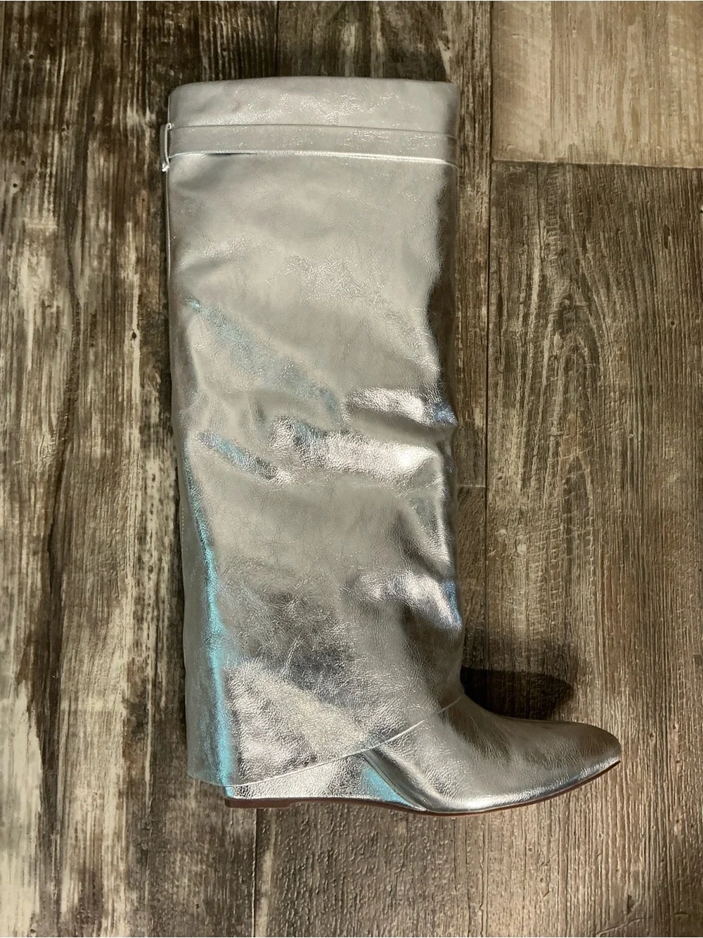 NWOB Fashion Nova Metallic Silver Knee-High Wedge Boots Size 9
